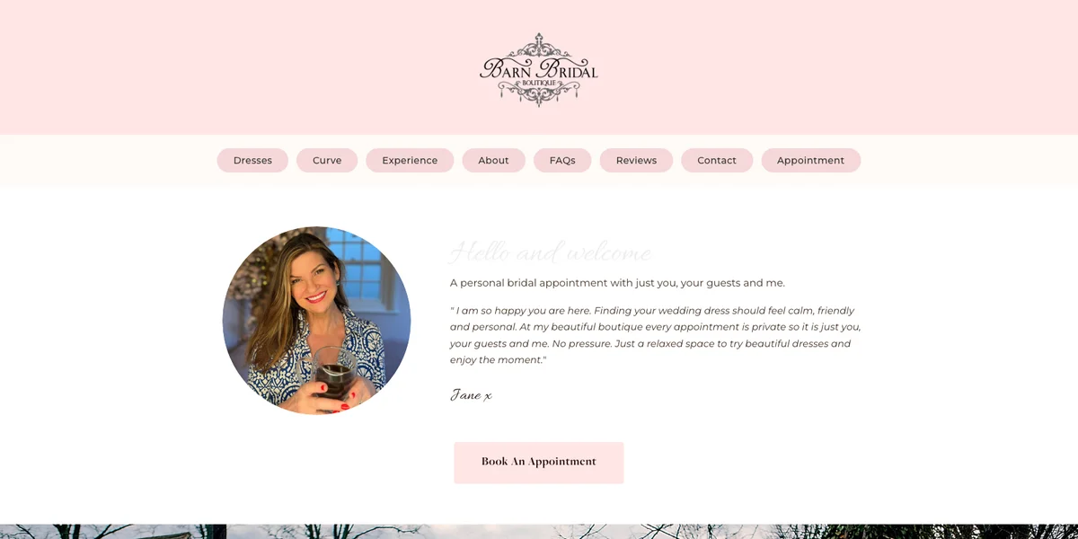 Barn Bridal Boutique website hero showing the boutique logo and a welcome message from owner Jane