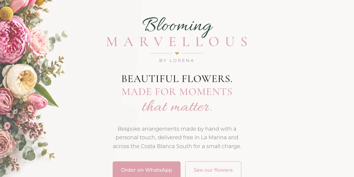 Blooming Marvellous Flowers website hero with the brand logo and tagline beautiful flowers made for moments that matter