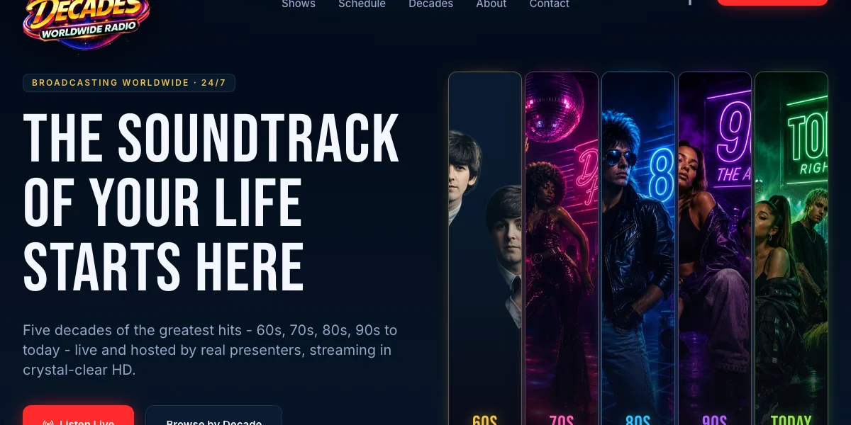 Decades Worldwide Radio website hero with the tagline The Soundtrack of Your Life Starts Here and decade cards